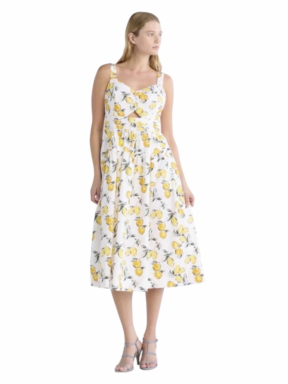 White Lemon-Print Midi Dress with Front Cutout